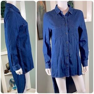 Say What? Denim Chambray Button-Up High Low Tuxedo Tunic Shirt Blouse Top Medium